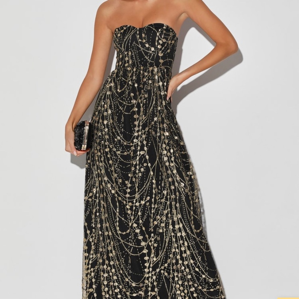Lulu’s Time to Shine Black and Gold Glitter Sequin Strapless Maxi Dress